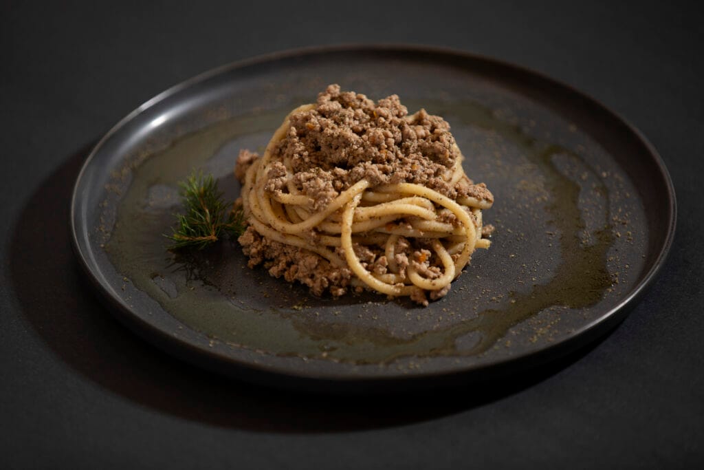 Bigoli with duck ragu on a dark plate