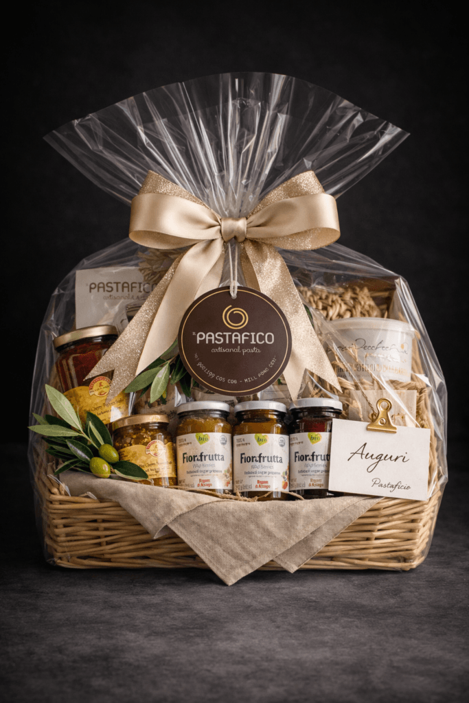Il Pastaficio gift basket of sauces and preserves wrapped in cellophane