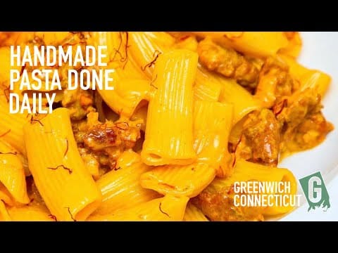 Rigatoni with ragu under the caption Handmade Pasta Done Daily, Greenwich Connecticut