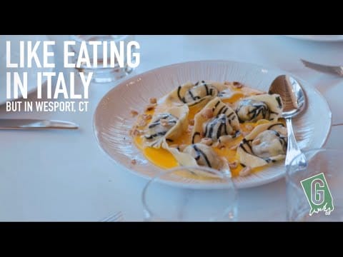 Plate of pasta under the caption Like Eating in Italy, But in Westport CT